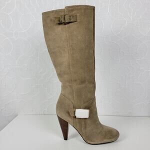 BCBGeneration Boots Womens 7.5 Tan Suede Leather Side Zip Cone Heel Buckle NEW